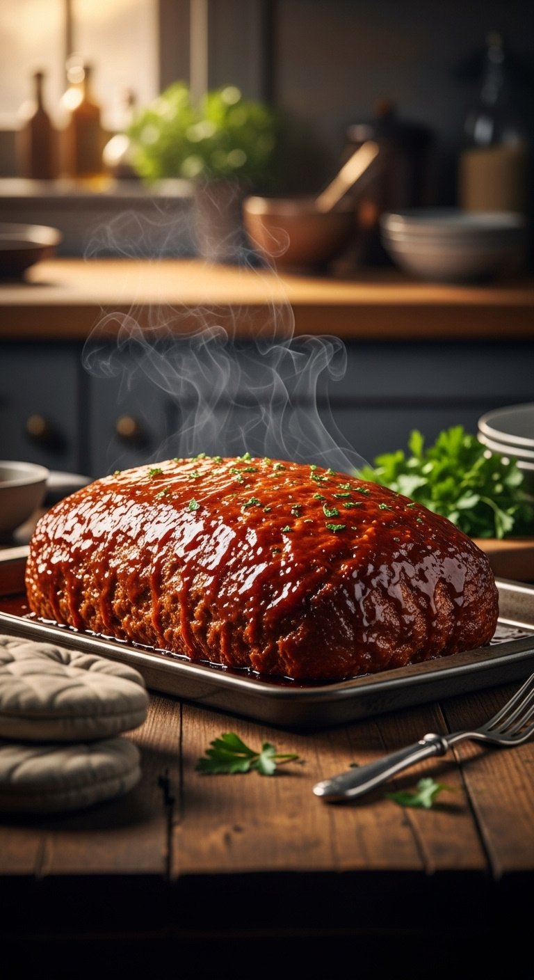 perfectly glazed baked meatloaf with bubbly caramelized glaze on rustic wood table
