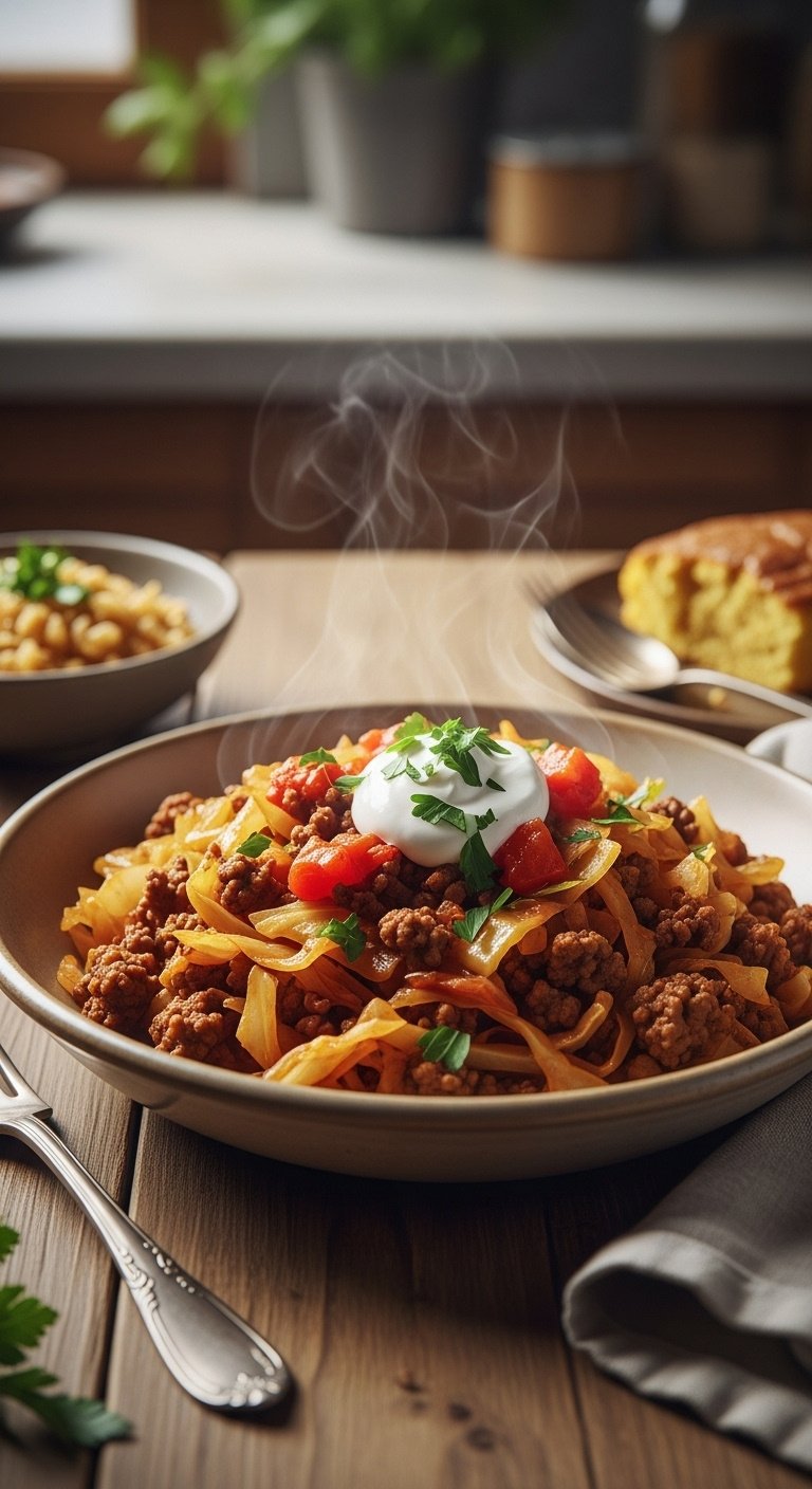 perfectly-plated-bowl-of-ground-beef-and-cabbage-skillet-sour-cream-fresh-parsley-diced-tomatoes-rustic-bowl