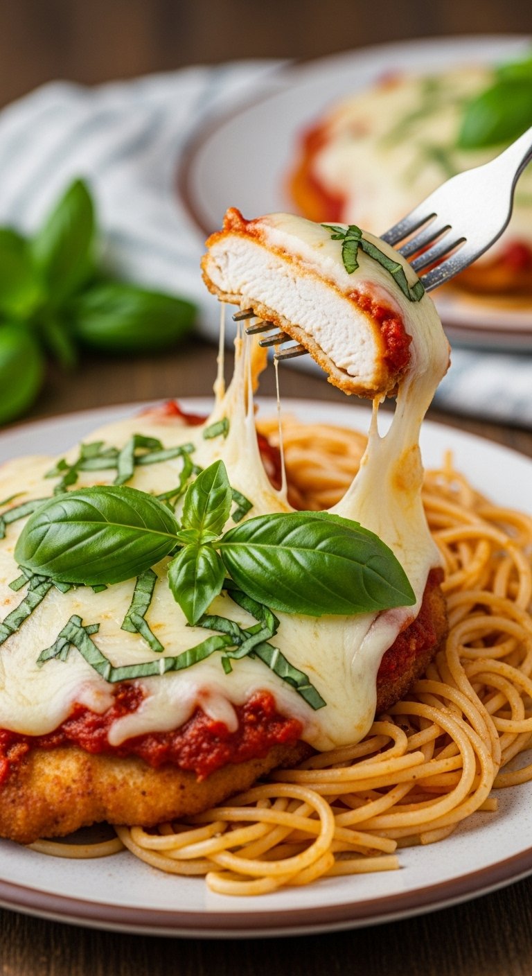 plated-baked-chicken-parmesan-spaghetti-cheese-pull-fresh-basil