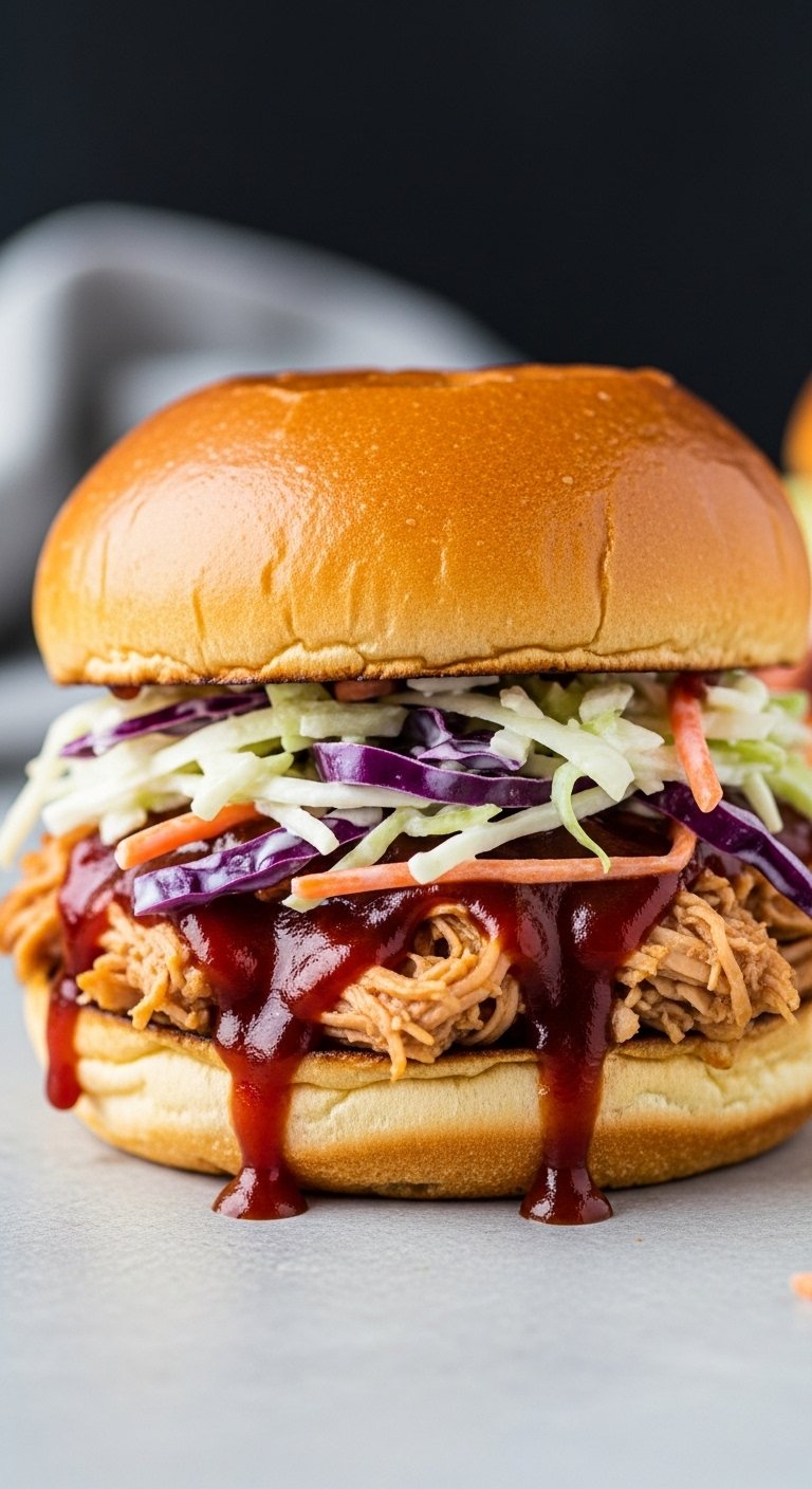 pulled BBQ chicken sandwich coleslaw brioche