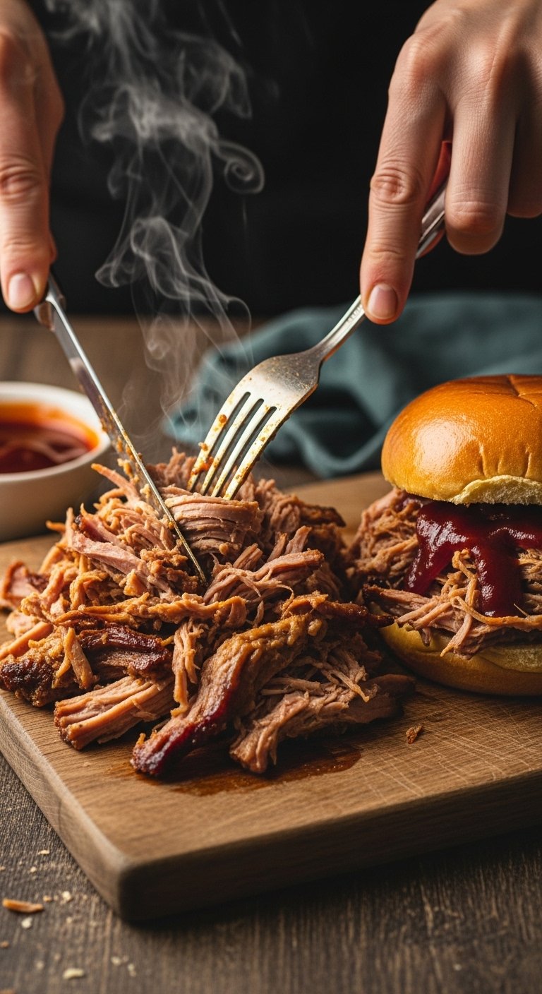 pulled pork brioche bun crock pot dinner shredded meat BBQ rustic warm lighting