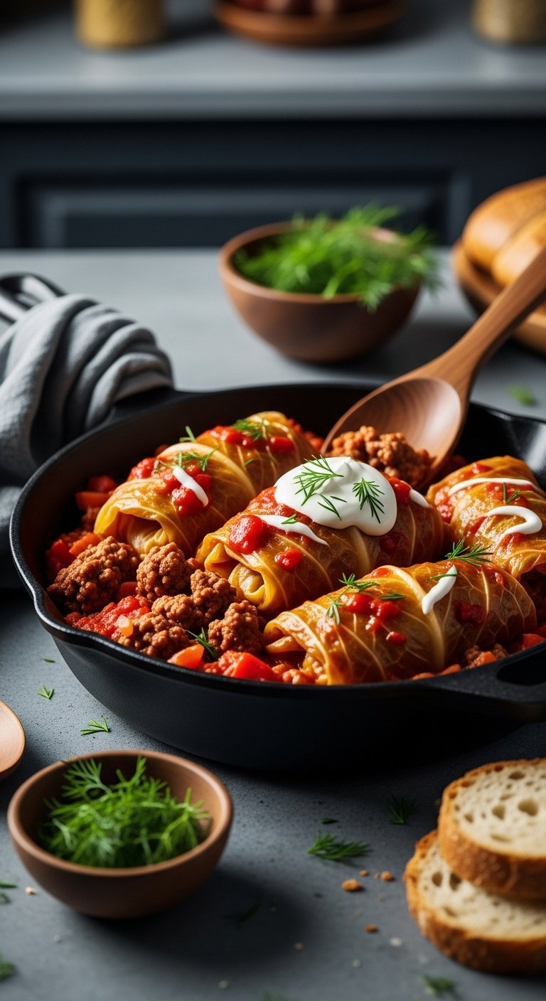 quick deconstructed cabbage rolls skillet savory saucy ground beef tomato sour cream vertical portrait