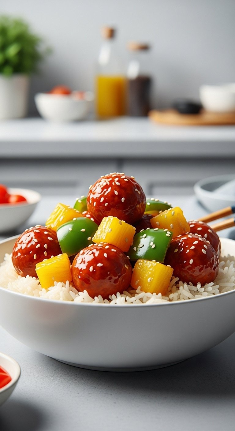 quick-sweet-and-sour-meatballs-fluffy-rice-pineapple-bell-peppers-sesame-seeds-chopsticks