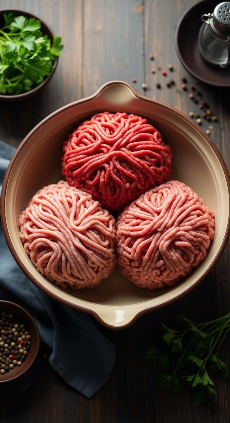 raw ground beef pork and veal mounds in rustic mixing bowl with parsley and peppercorns