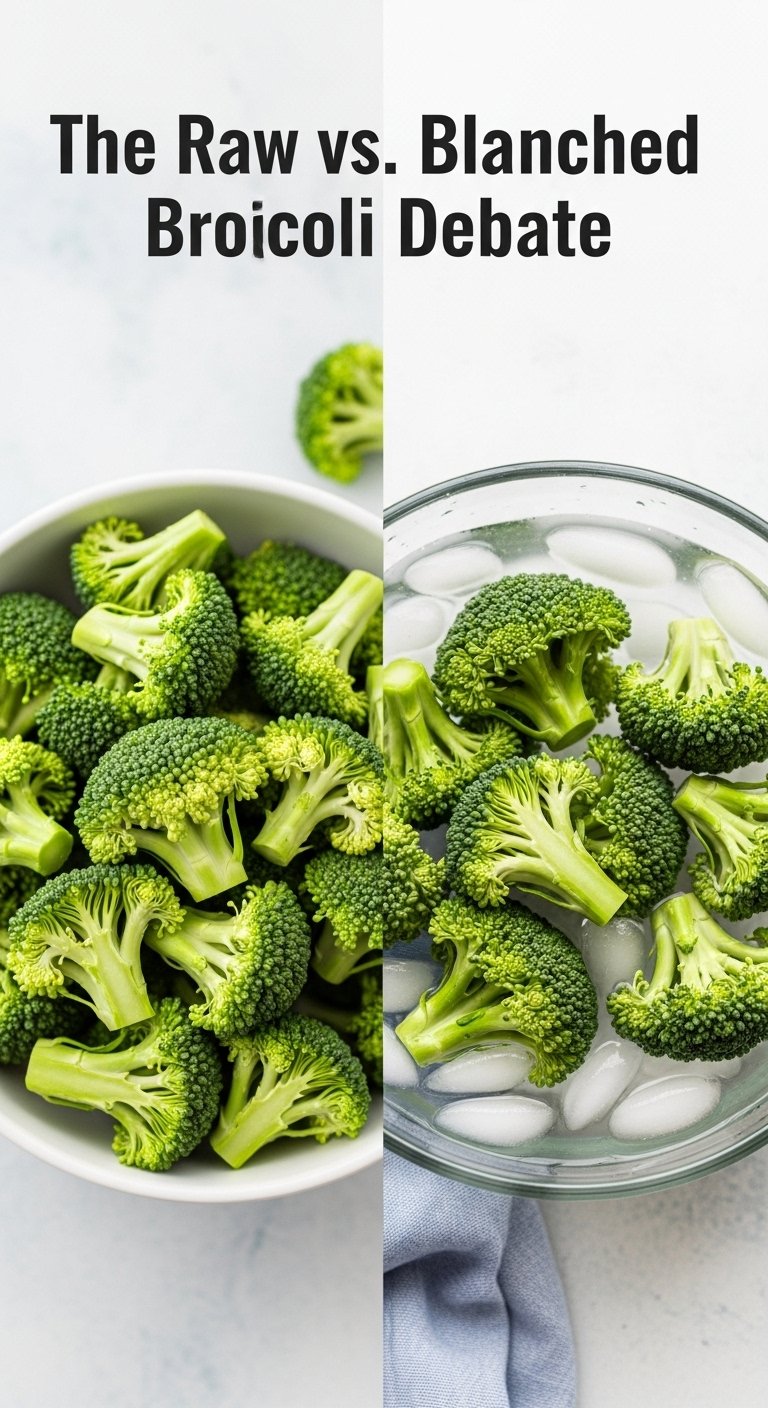 raw vs blanched broccoli florets side by side for chicken salad chick broccoli salad copycat recipe