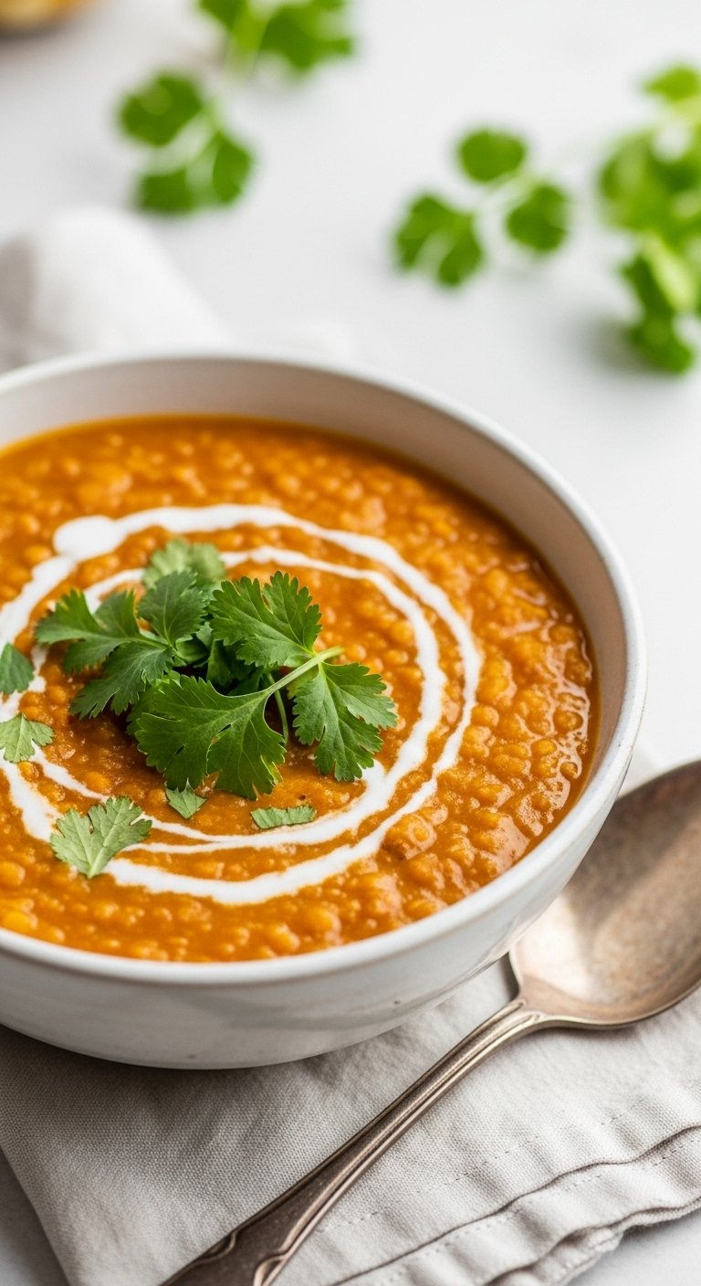 red lentil squash dhal coconut milk cilantro cozy bowl rustic spoon