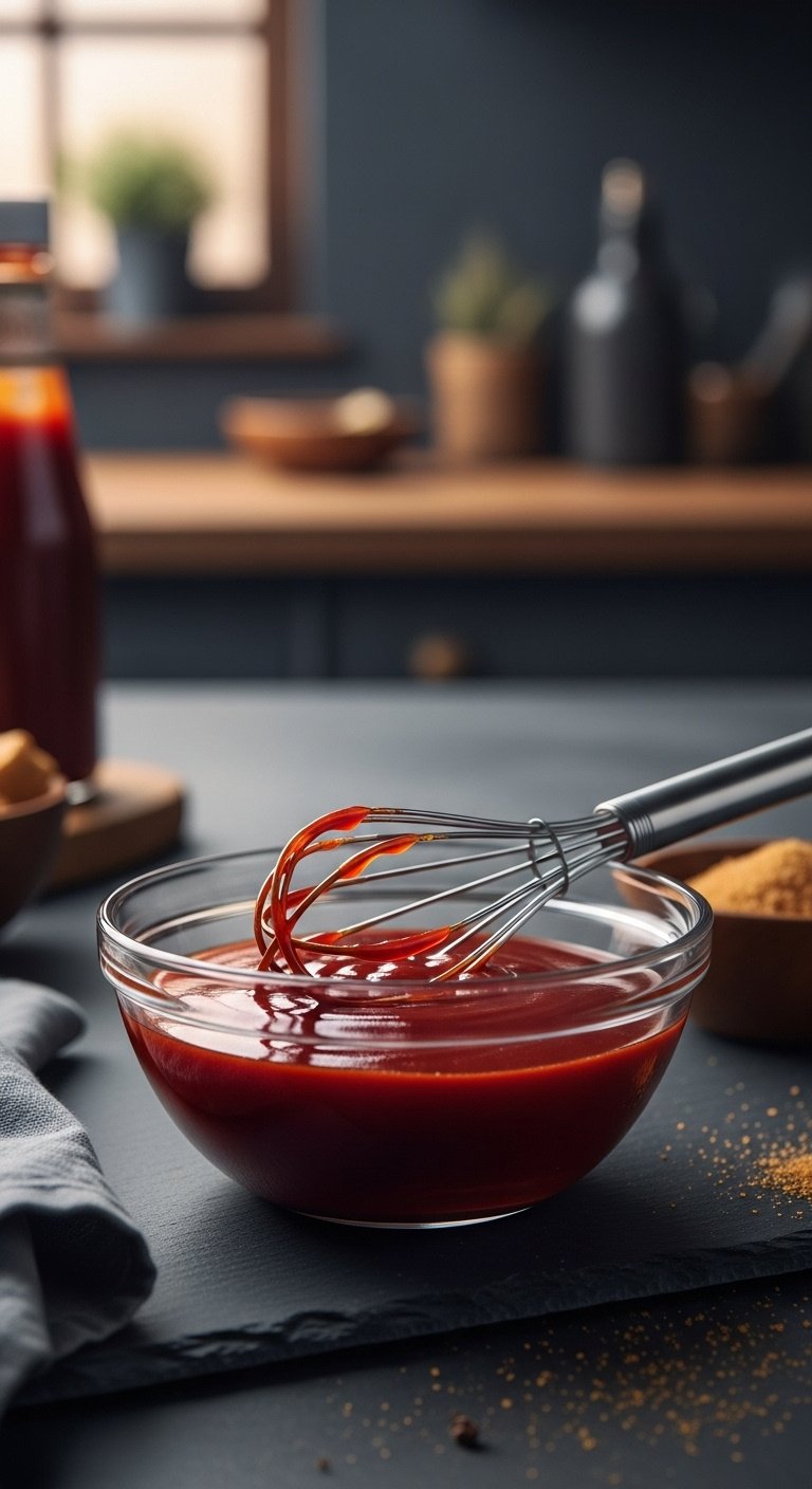 rich glossy deep red meatloaf glaze in glass bowl with small whisk on dark slate surface
