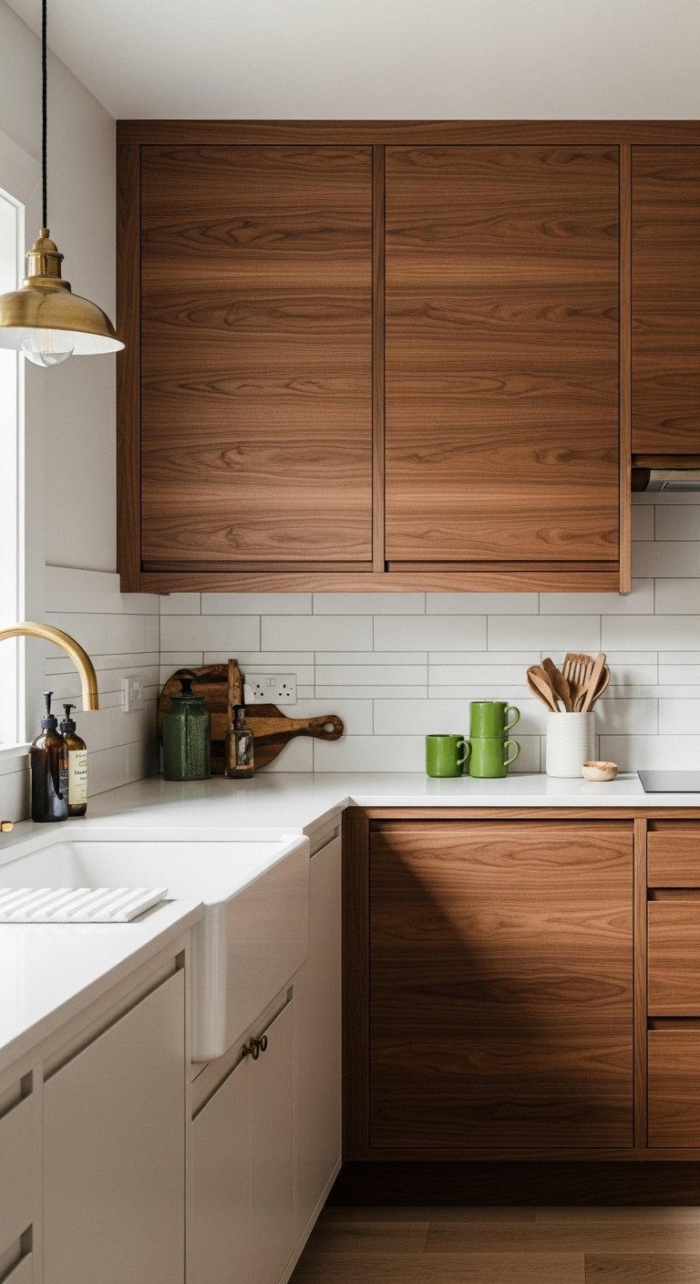 rich wood mid-century warmth walnut cabinets white countertop olive green ceramic mugs vintage brass pendant 8k high resolution modern kitchen