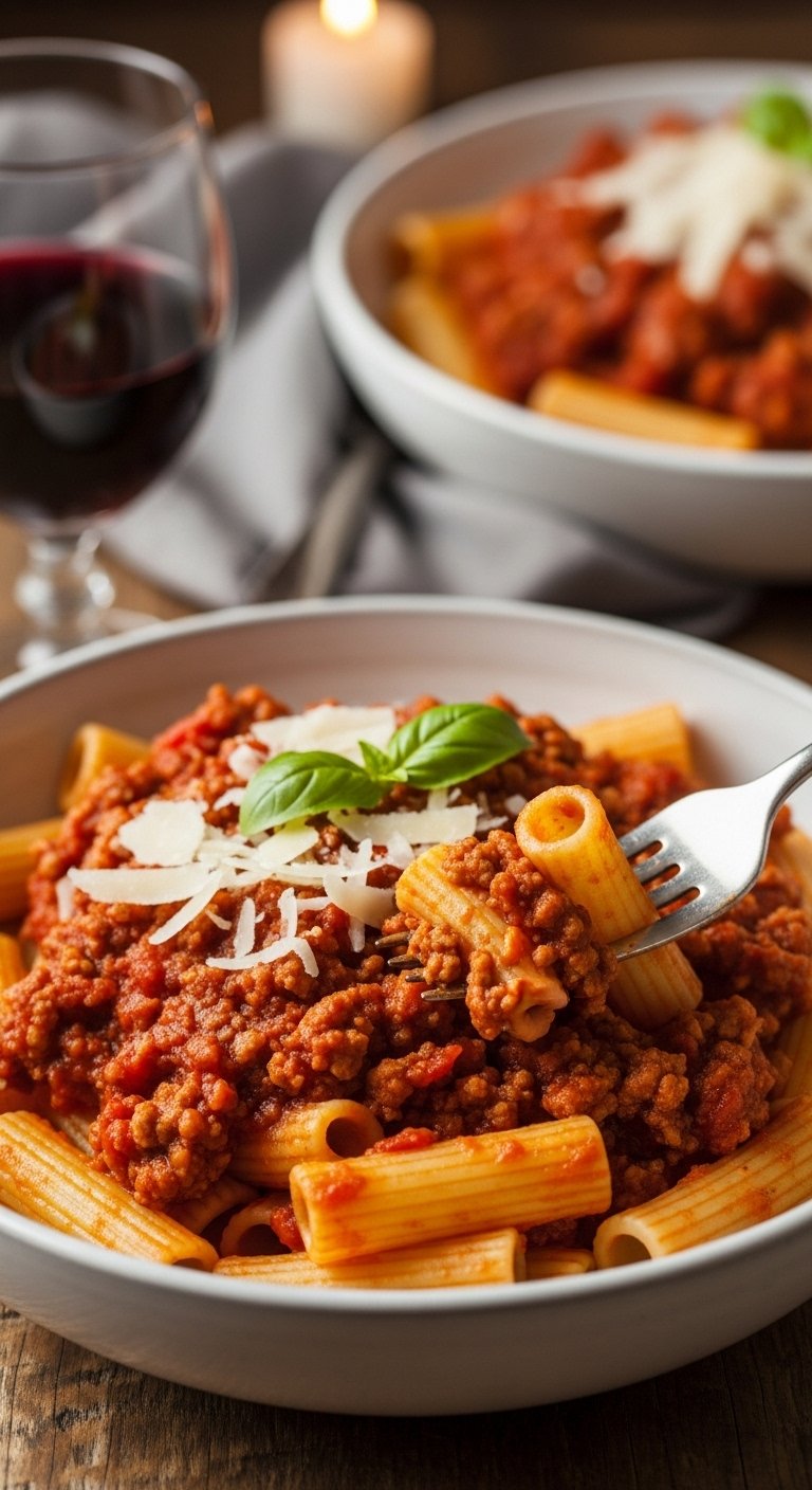 rigatoni-pasta-with-ground-turkey-bolognese-fork-parmesan-basil-wine