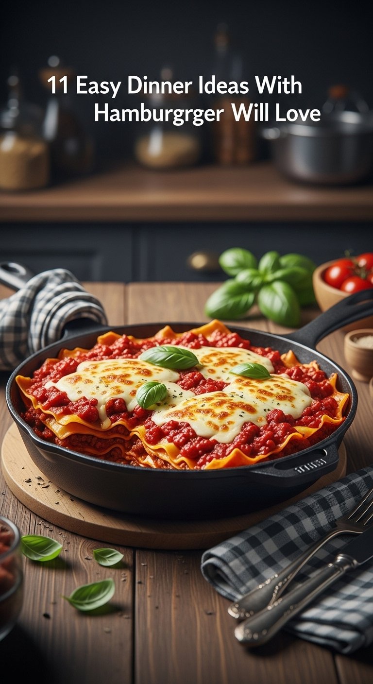 rustic skillet lasagna with layers of pasta meat sauce and melted mozzarella on a wooden table with fresh basil and checkered napkin