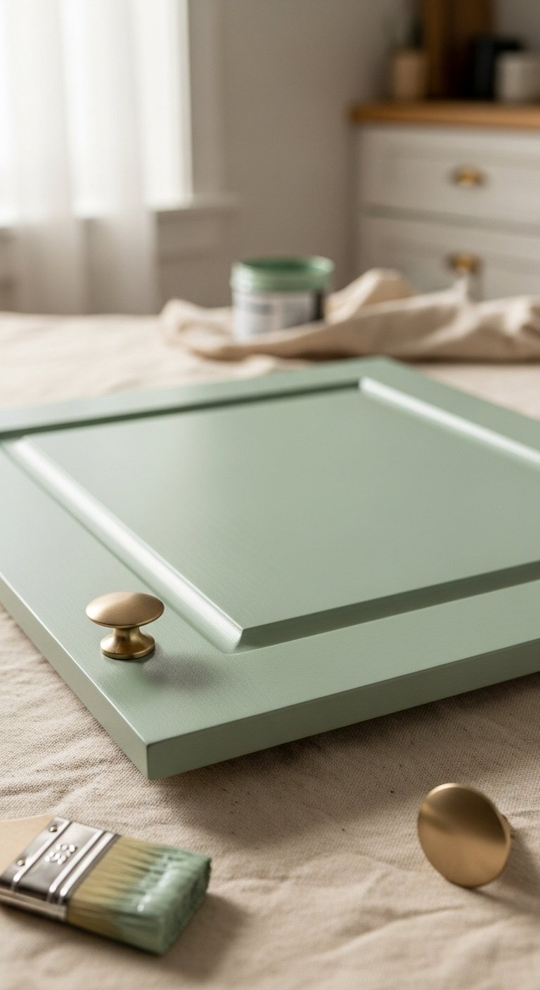 sage-green-painted-kitchen-cabinet-brushed-gold-knob-paintbrush