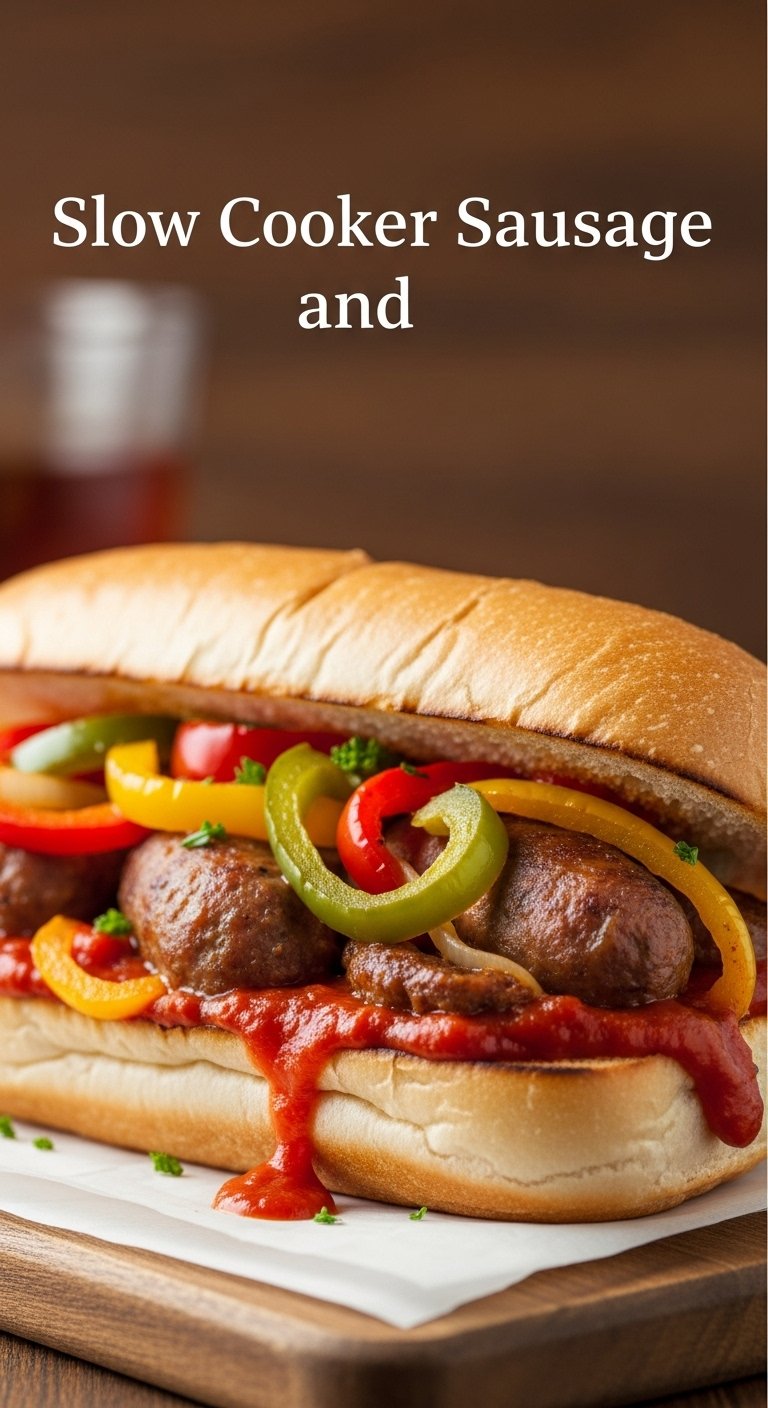 sausage and peppers in toasted hoagie roll with red sauce for easy crockpot dump and go dinner