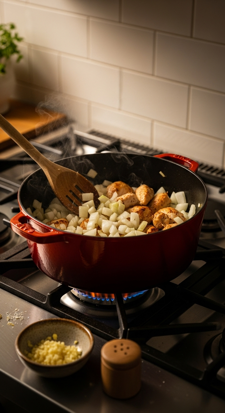 sauteing-onions-and-chicken-in-cast-iron-dutch-oven-for-creamy-white-bean-chili
