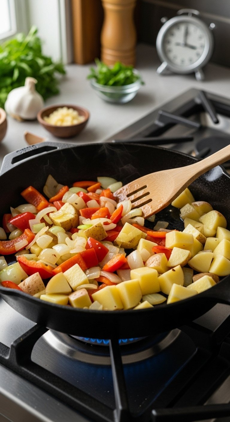 sautéing-onions-bell-peppers-and-potatoes-in-cast-iron-skillet