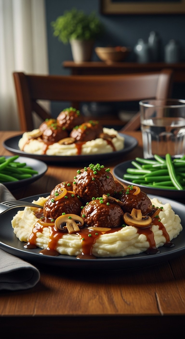 savory-salisbury-steak-meatballs-with-mashed-potatoes-onion-gravy-and-steamed-green-beans