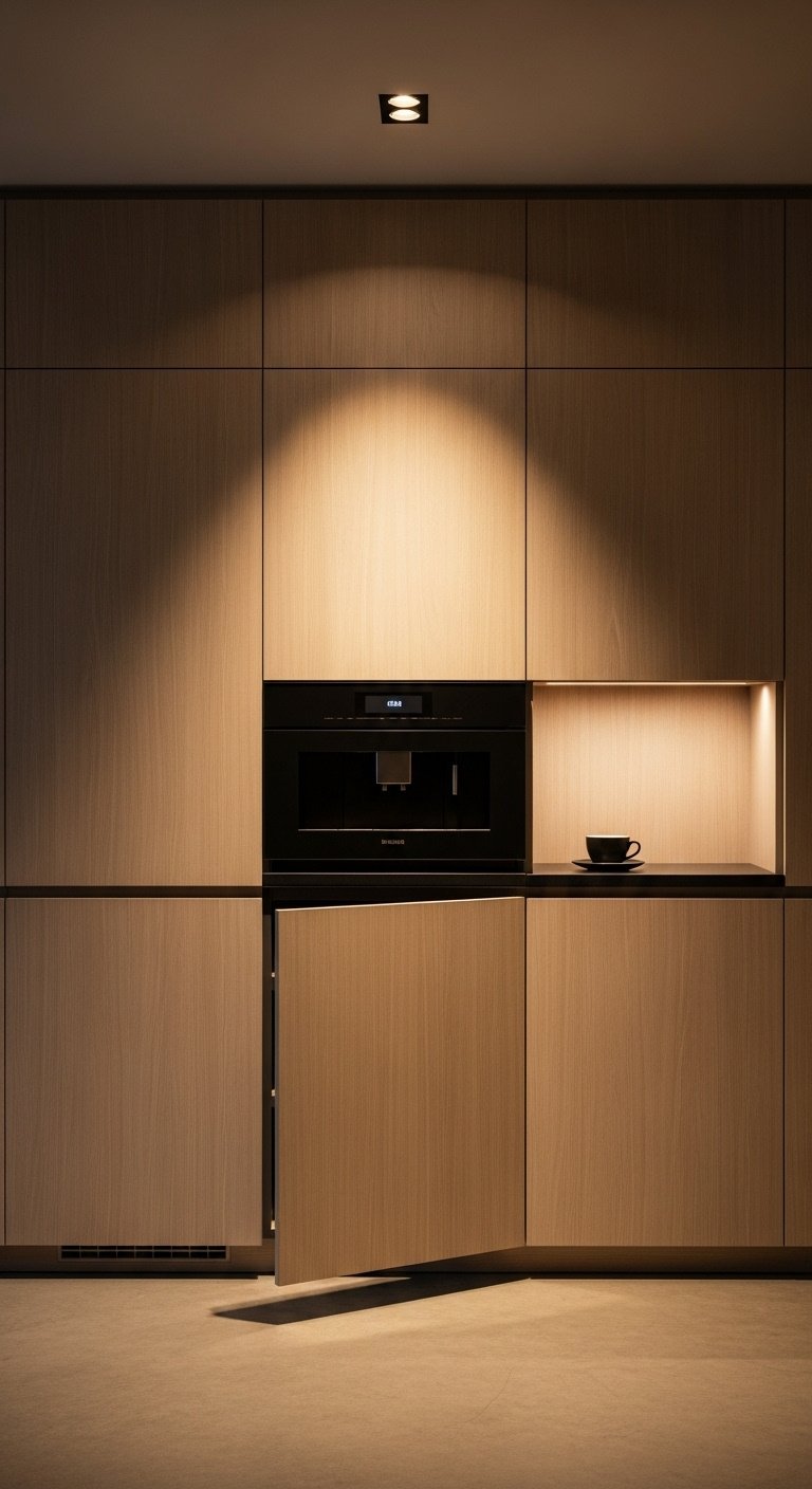 seamless concealed kitchen light oak flat-panel cabinets built-in coffee machine polished concrete floor 8k high resolution minimalist design