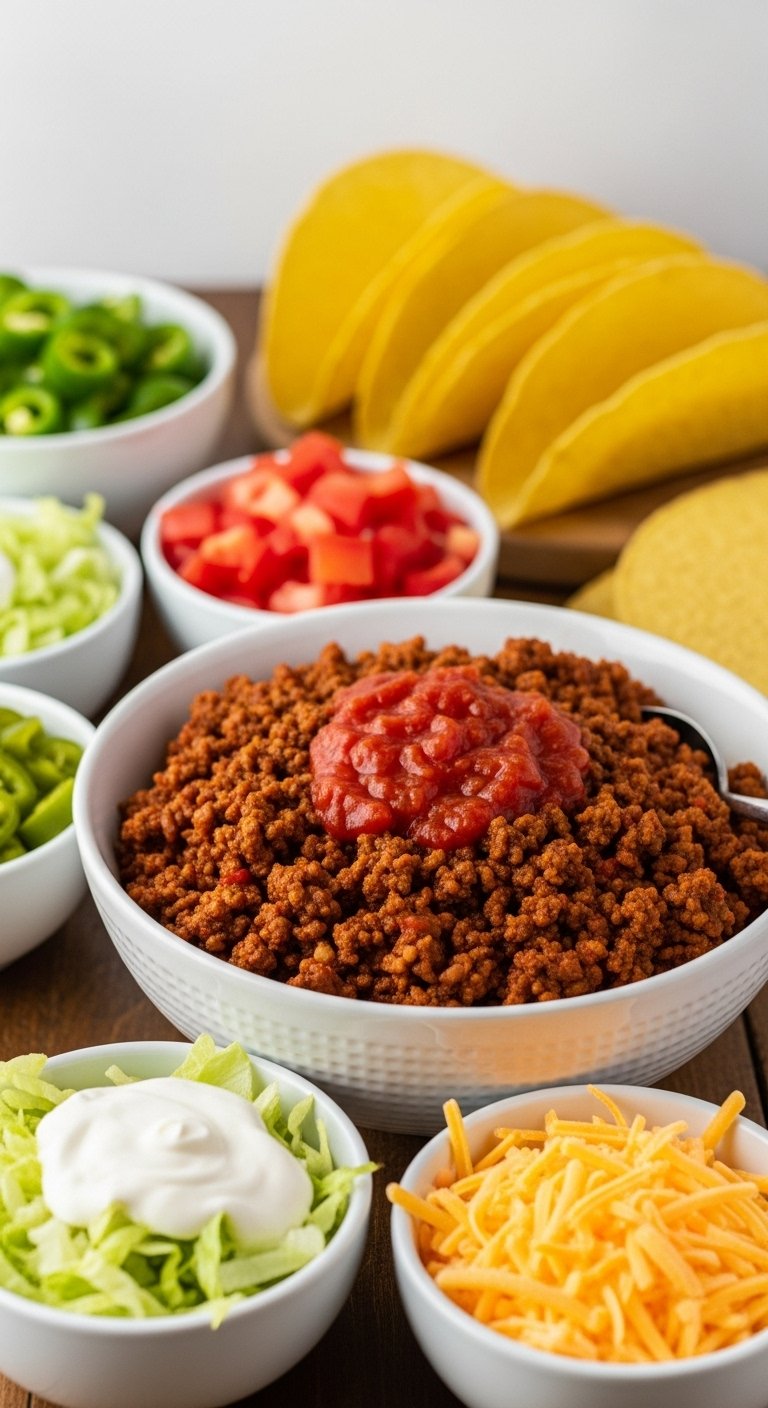 seasoned ground beef taco meat with classic toppings and hard taco shells for easy crockpot dump and go dinner