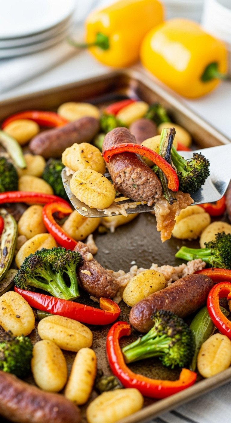 sheet pan gnocchi sausage veggies crispy texture colorful charred vegetables