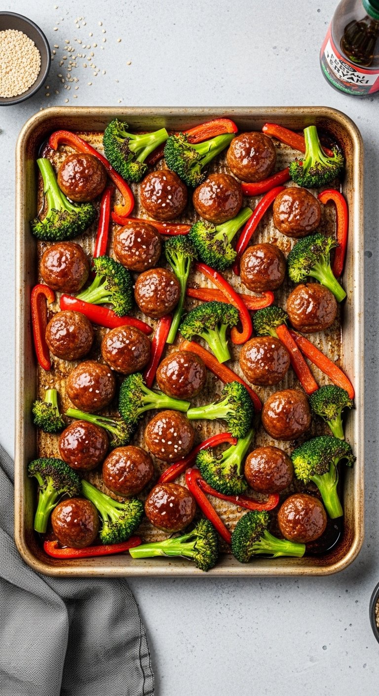 sheet-pan-teriyaki-meatballs-veggies-broccoli-bell-peppers-glossy-sheen-sesame-seeds
