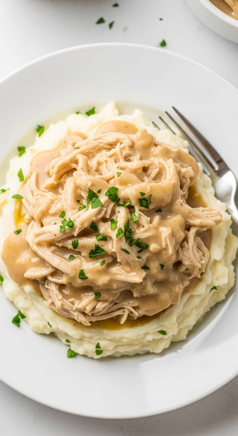 shredded chicken and gravy over mashed potatoes with parsley garnish for easy crockpot dump and go dinner