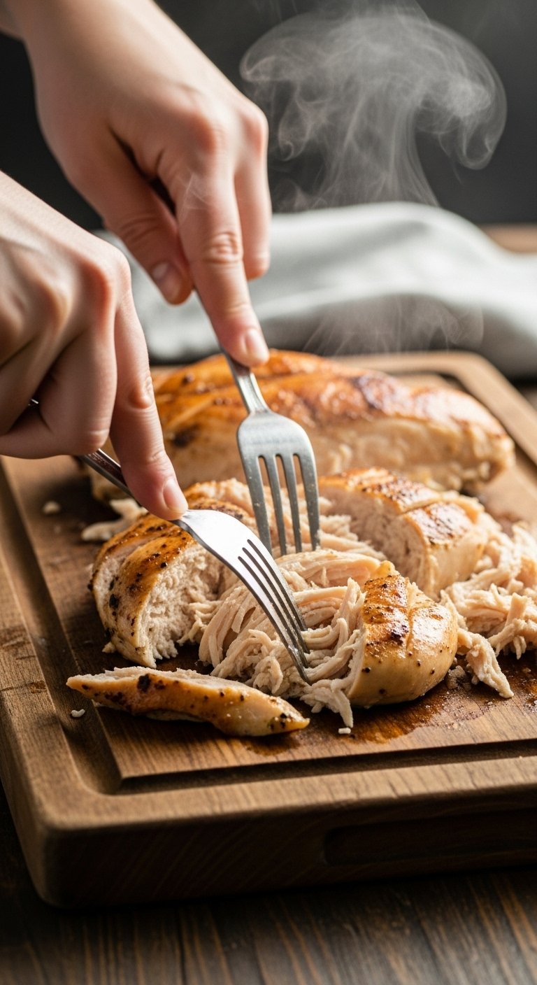shredded-chicken-being-pulled-apart-with-forks-on-wooden-cutting-board