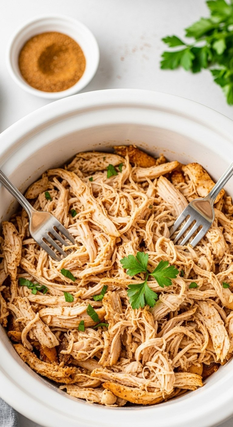 shredded chicken slow cooker tender texture parsley spice rub