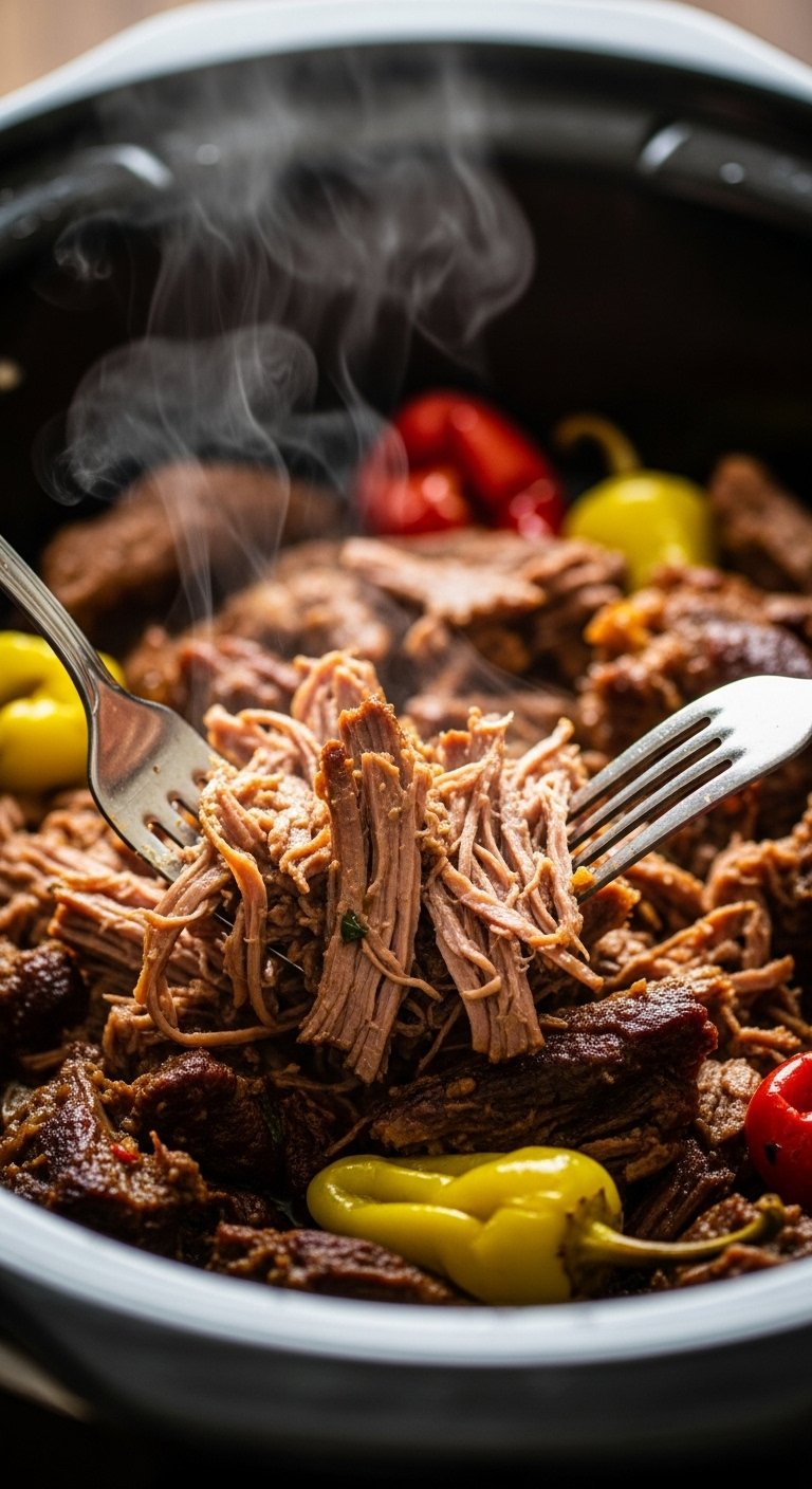 shredded mississippi pot roast with pepperoncini in slow cooker with steam rising crockpot dump and go dinner