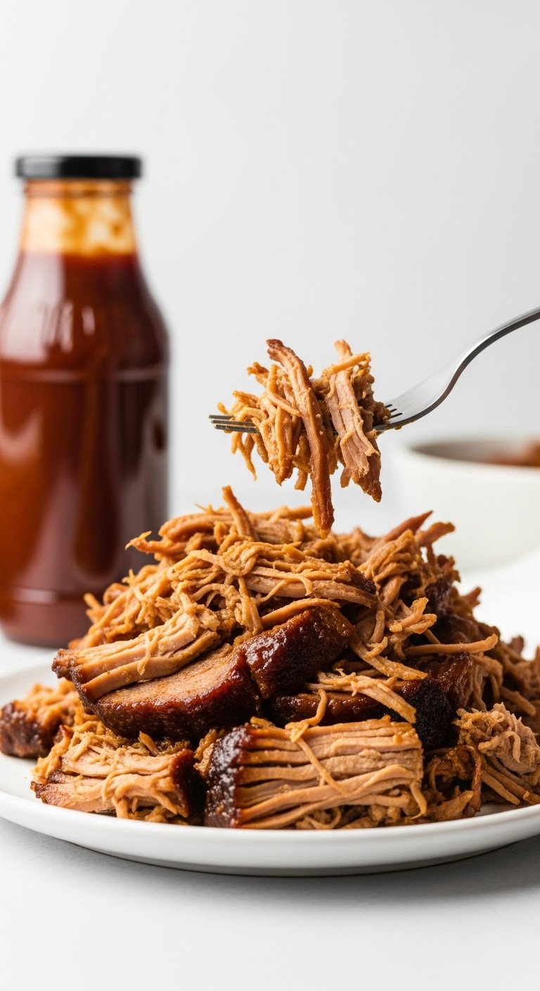 shredded pulled pork on white plate lifted by fork with bbq sauce bottle in background easy crockpot dump and go dinner