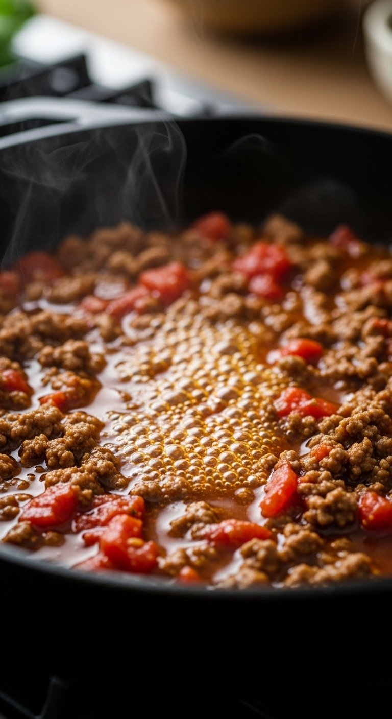 simmering taco meat with ground beef tomatoes and sauce in cast iron skillet with steam rising close up eye level shot