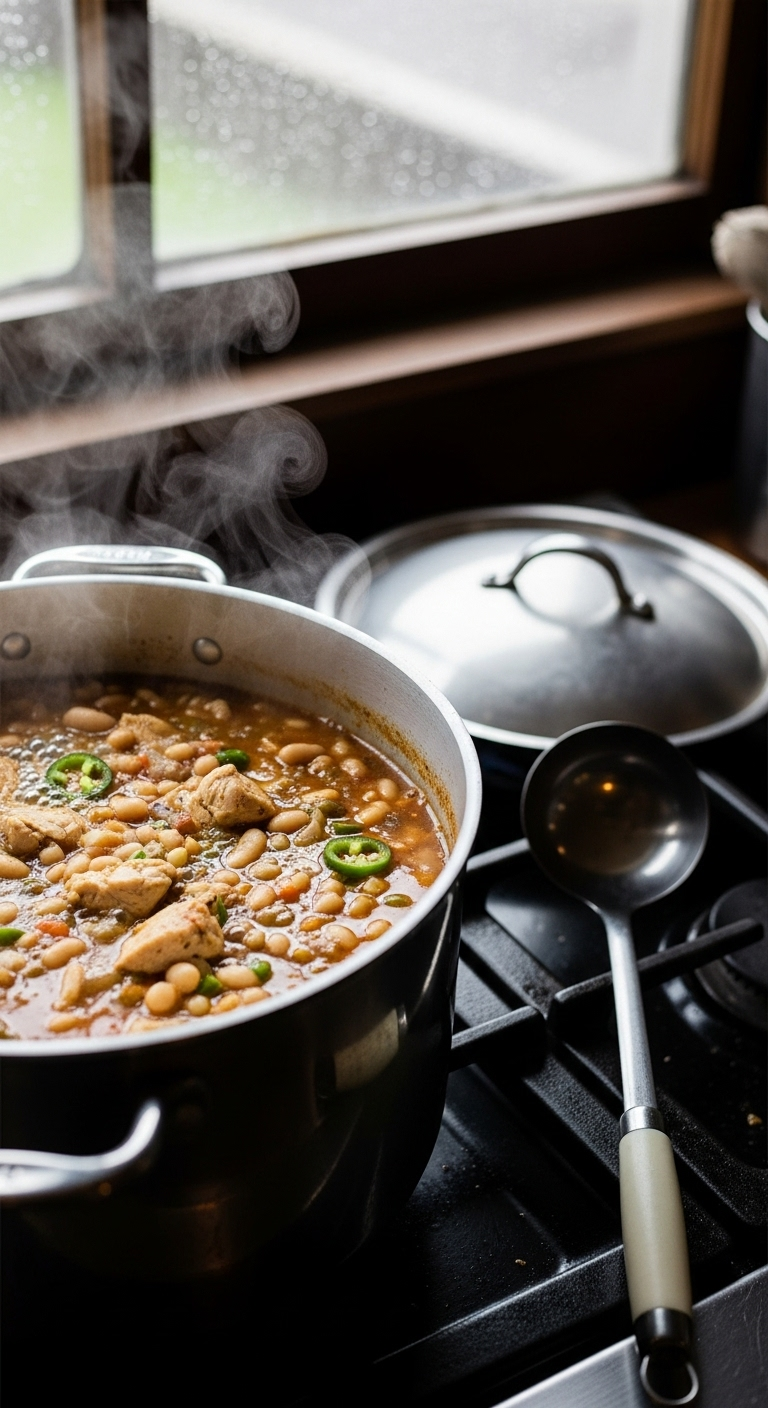 simmering-white-bean-chicken-chili-in-pot-on-stovetop-with-steam-rising