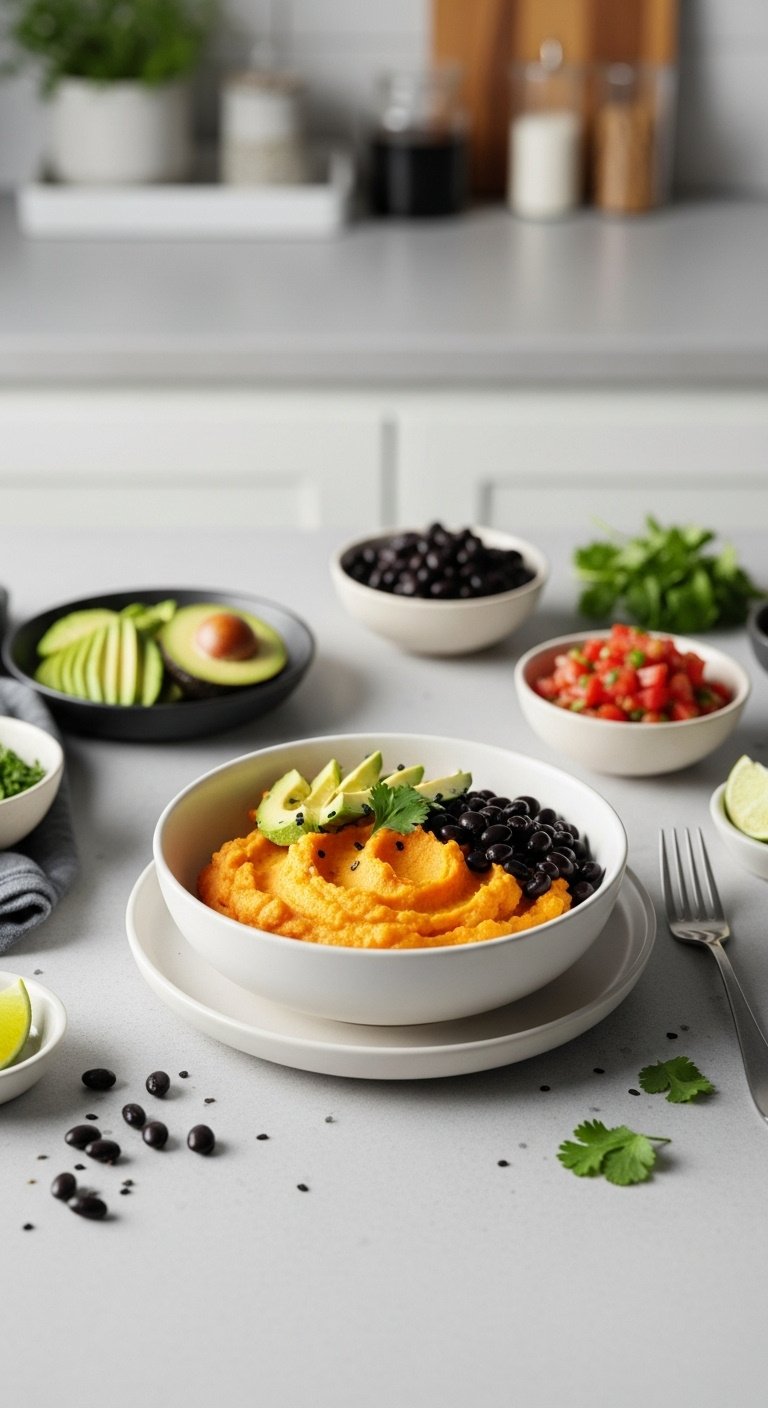 simple customizable sweet potato bowl avocado pico cilantro lime vertical portrait