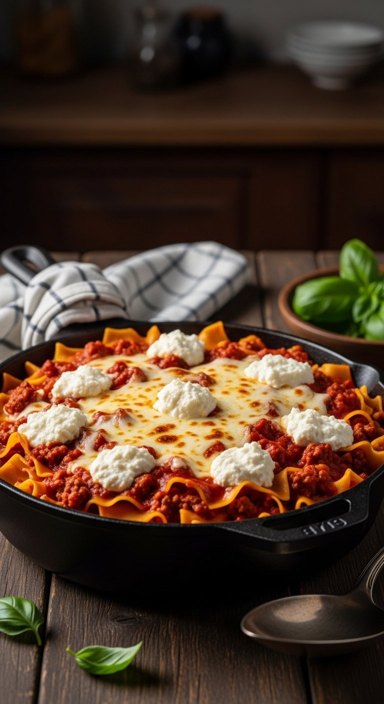 skillet lasagna with ground beef ricotta and mozzarella