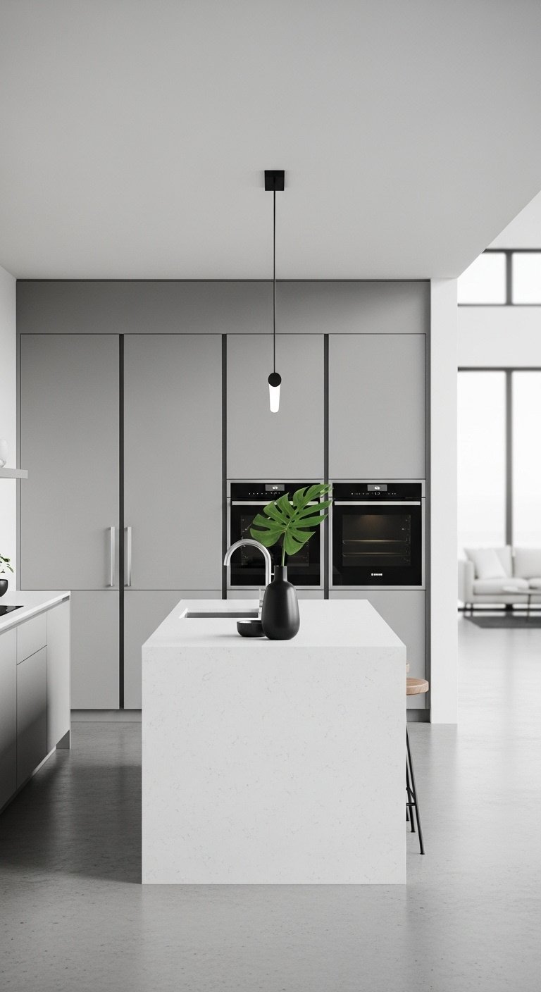 sleek modern minimalist kitchen bloxburg grey cabinets white quartz waterfall island polished concrete floor stainless steel appliances high resolution 8K