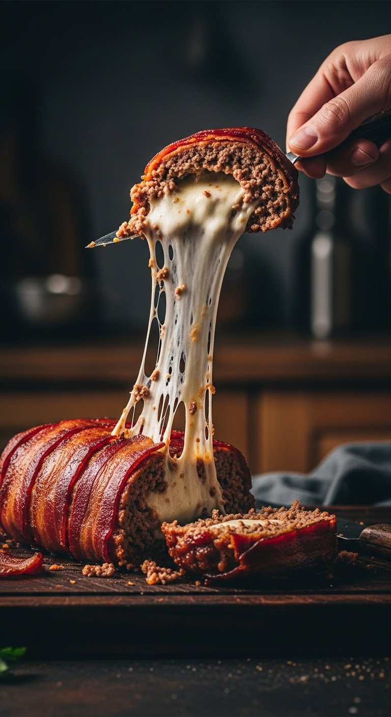 slice of bacon wrapped mozzarella stuffed meatloaf with stringy cheese pull on dark wooden board
