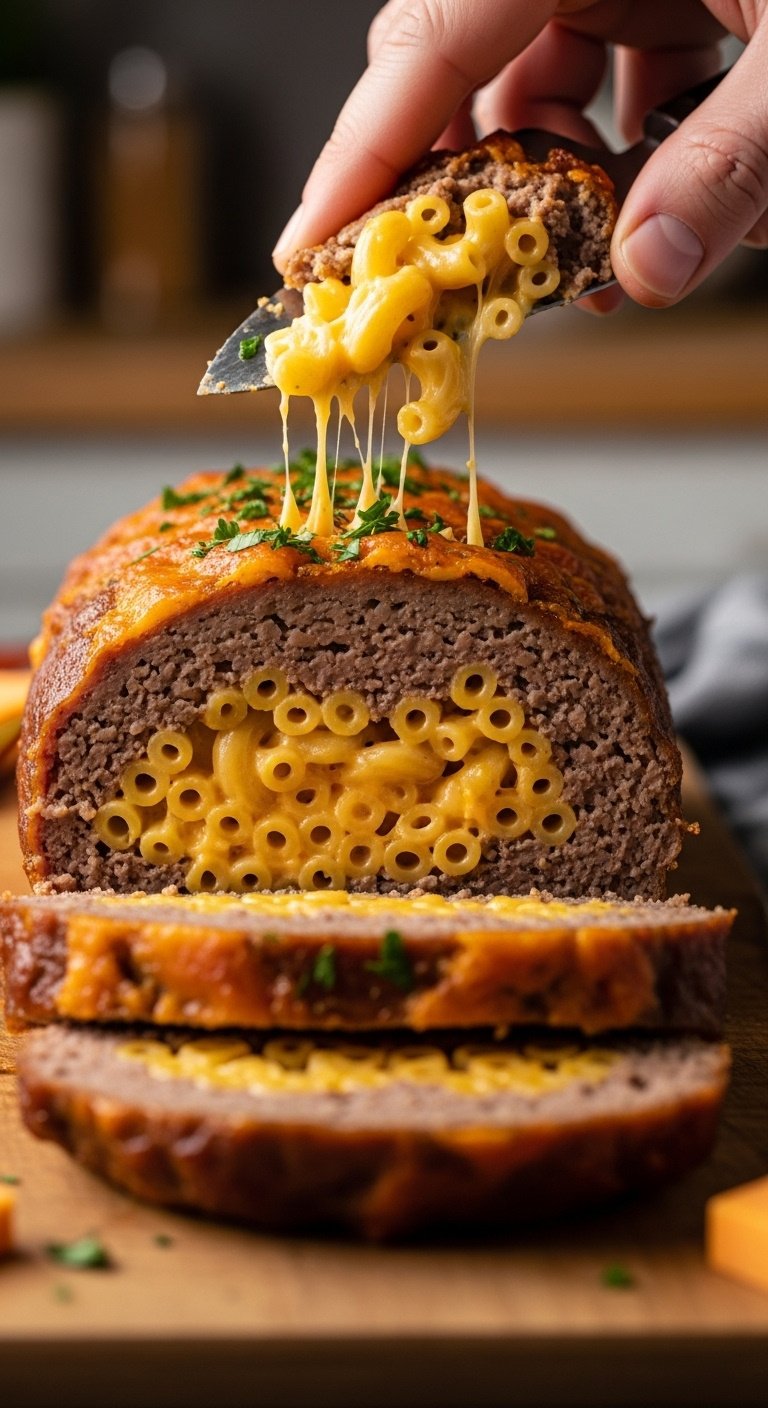 slice of mac and cheese stuffed meatloaf with visible pasta and cheesy sauce on cutting board with chopped parsley