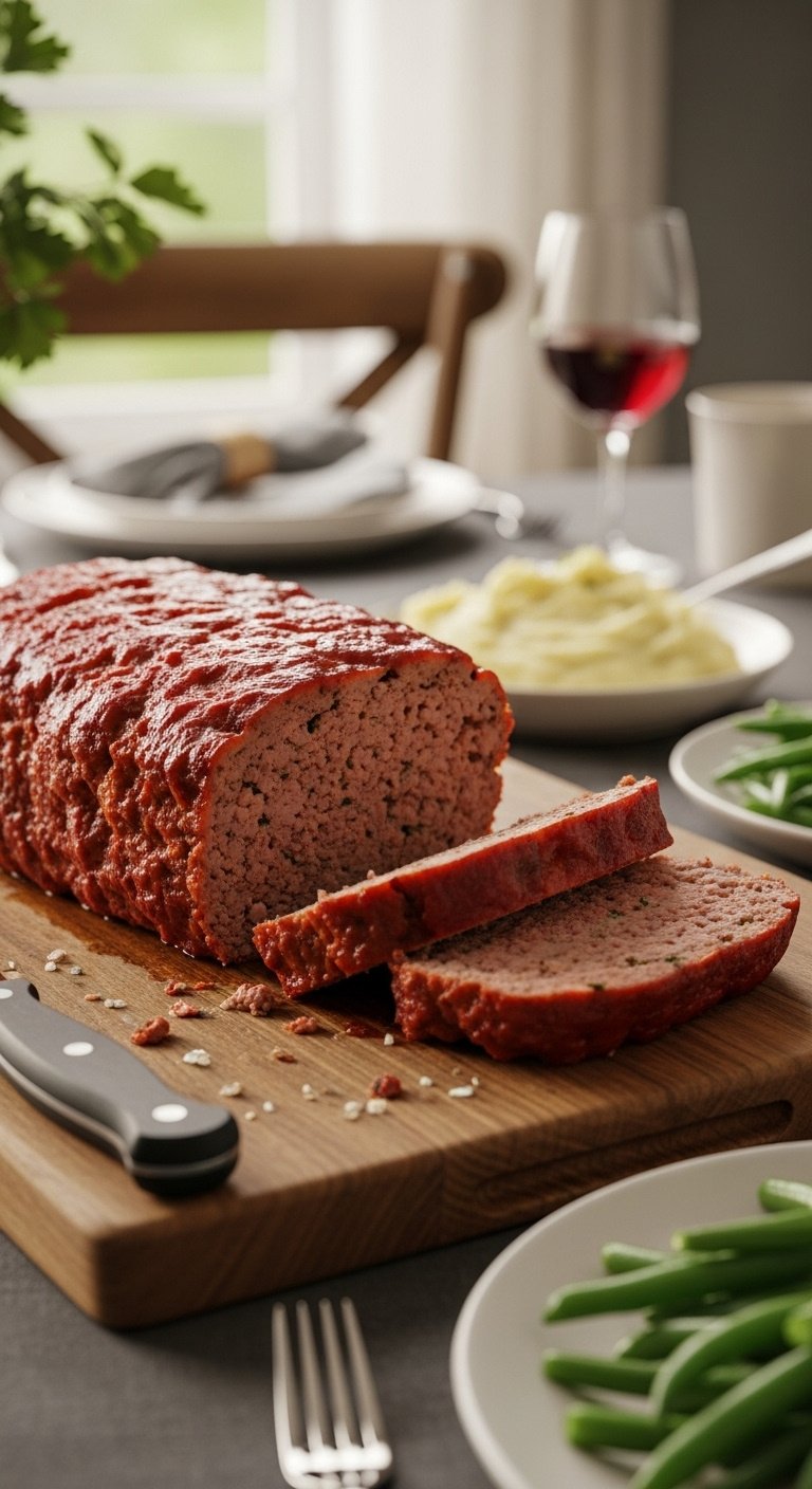 sliced juicy meatloaf on rustic cutting board with mashed potatoes and green beans