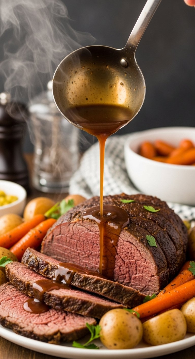 sliced pot roast crock pot dinner carrots potatoes gravy comforting family meal