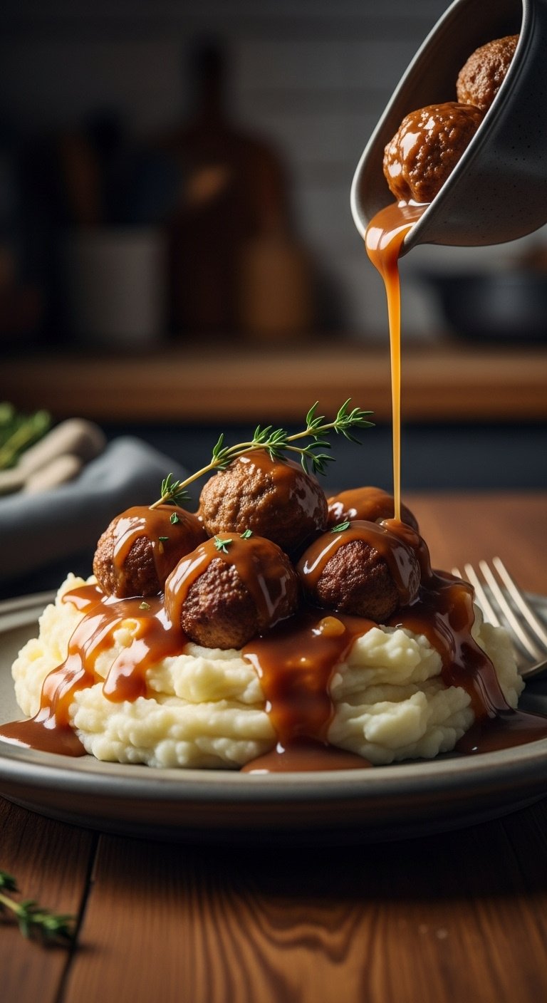 slow-cooker-brown-gravy-meatballs-over-mashed-potatoes-with-fresh-thyme