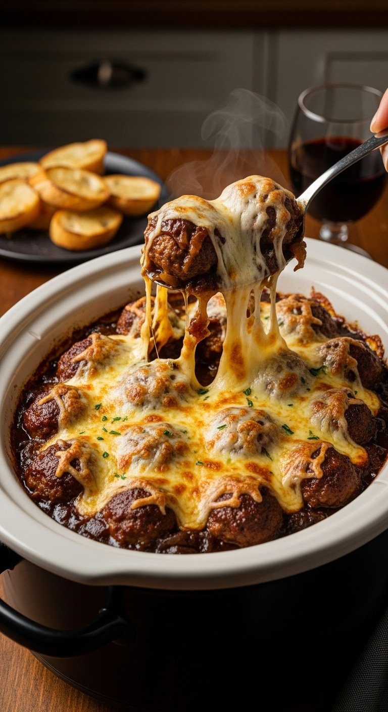 slow-cooker-french-onion-meatballs-with-gruyere-cheese-and-crostini