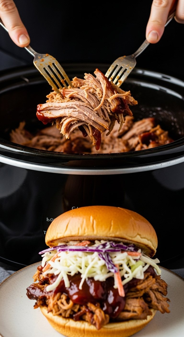 slow cooker pulled pork being shredded with forks and served on brioche bun with coleslaw for easy crockpot dump and go dinner