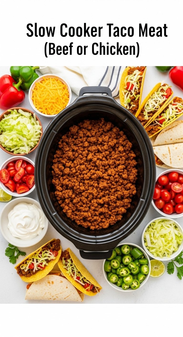 slow cooker taco meat with colorful toppings and tacos