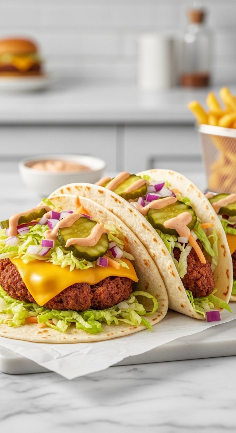 smash burger tacos with crispy beef patty melted cheese lettuce onion pickles and burger sauce in toasted flour tortillas