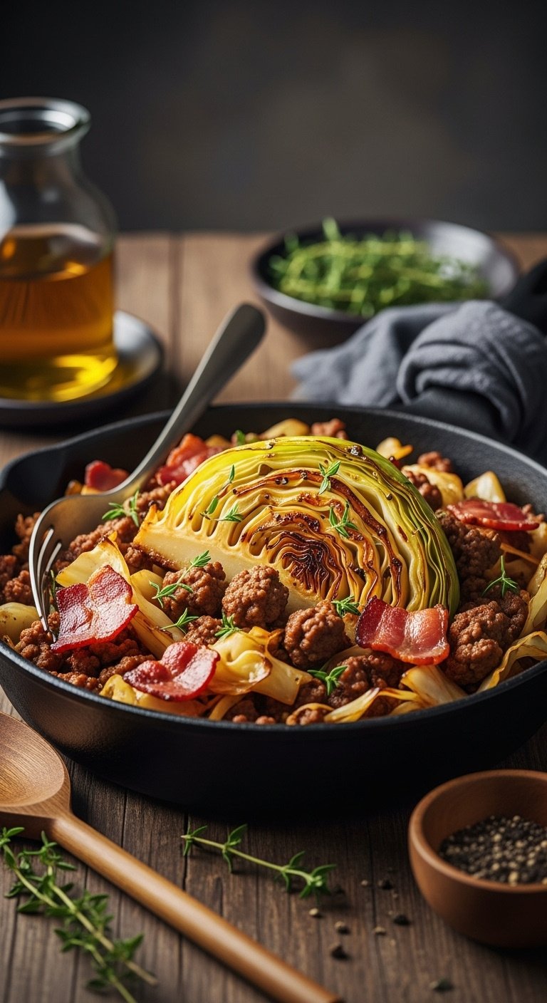 southern fried cabbage with ground beef and bacon rustic skillet vertical portrait