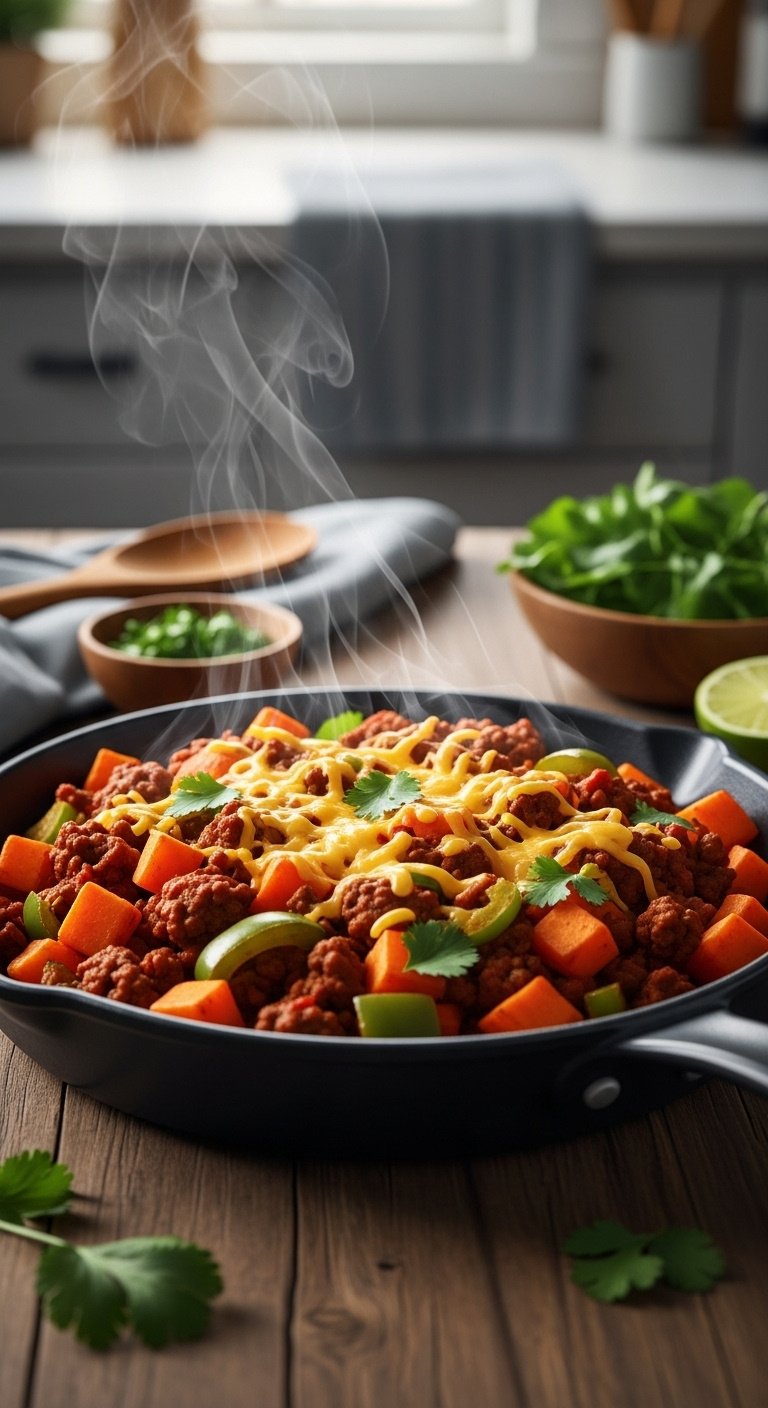 southwest-ground-beef-and-sweet-potato-skillet-diced-sweet-potatoes-bell-peppers-shredded-cheese-cilantro-lime