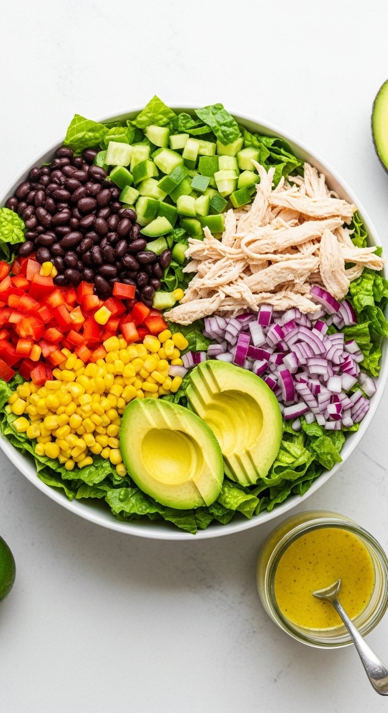 southwest-shredded-chicken-salad-lettuce-black-beans-corn-avocado-lime-dressing
