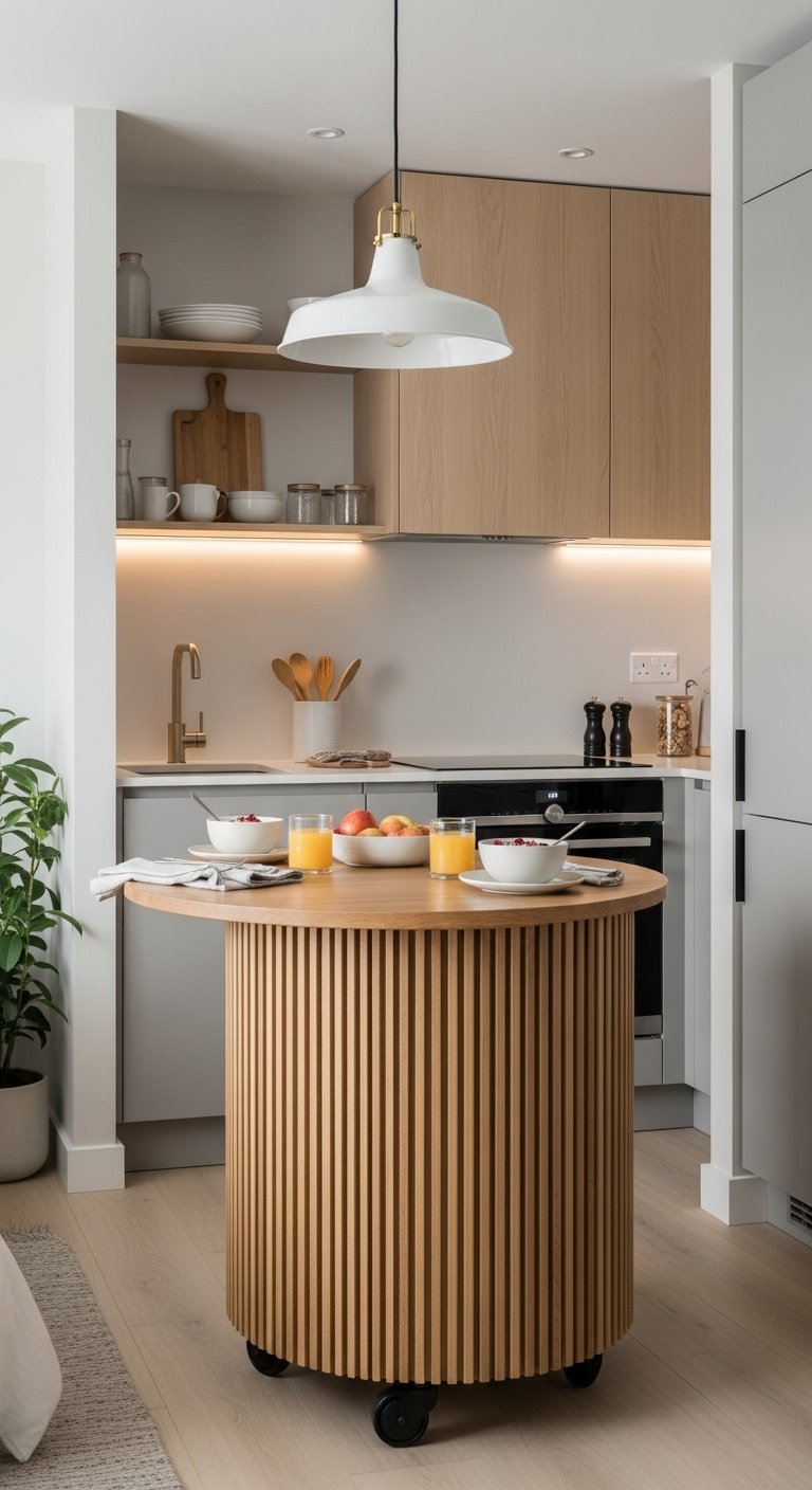 space-saving one-wall kitchen movable island studio apartment breakfast bowls sleek minimalist design