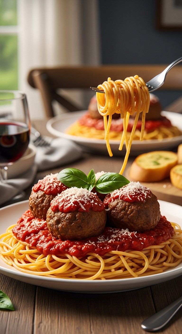 spaghetti-and-meatballs-with-marinara-parmesan-and-basil-on-rustic-wood-table