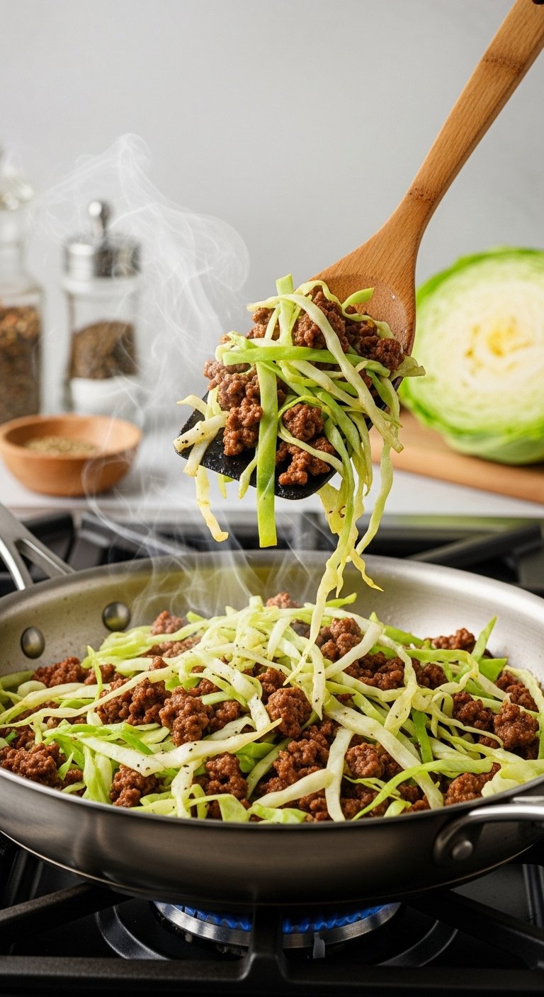 speedy 20-minute ground beef and cabbage skillet vibrant sizzling close-up vertical portrait