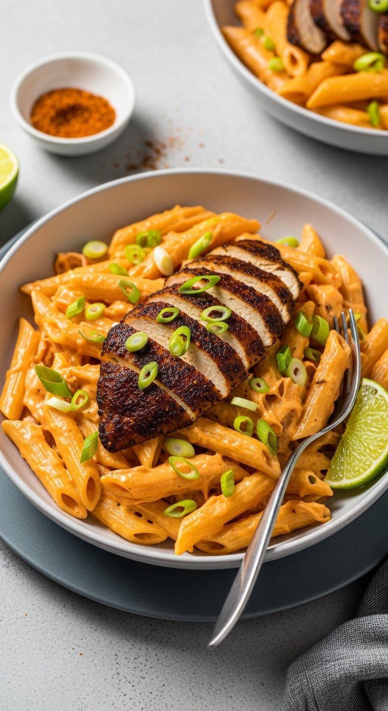 spicy Cajun alfredo pasta with blackened chicken and green onions on slate gray plate