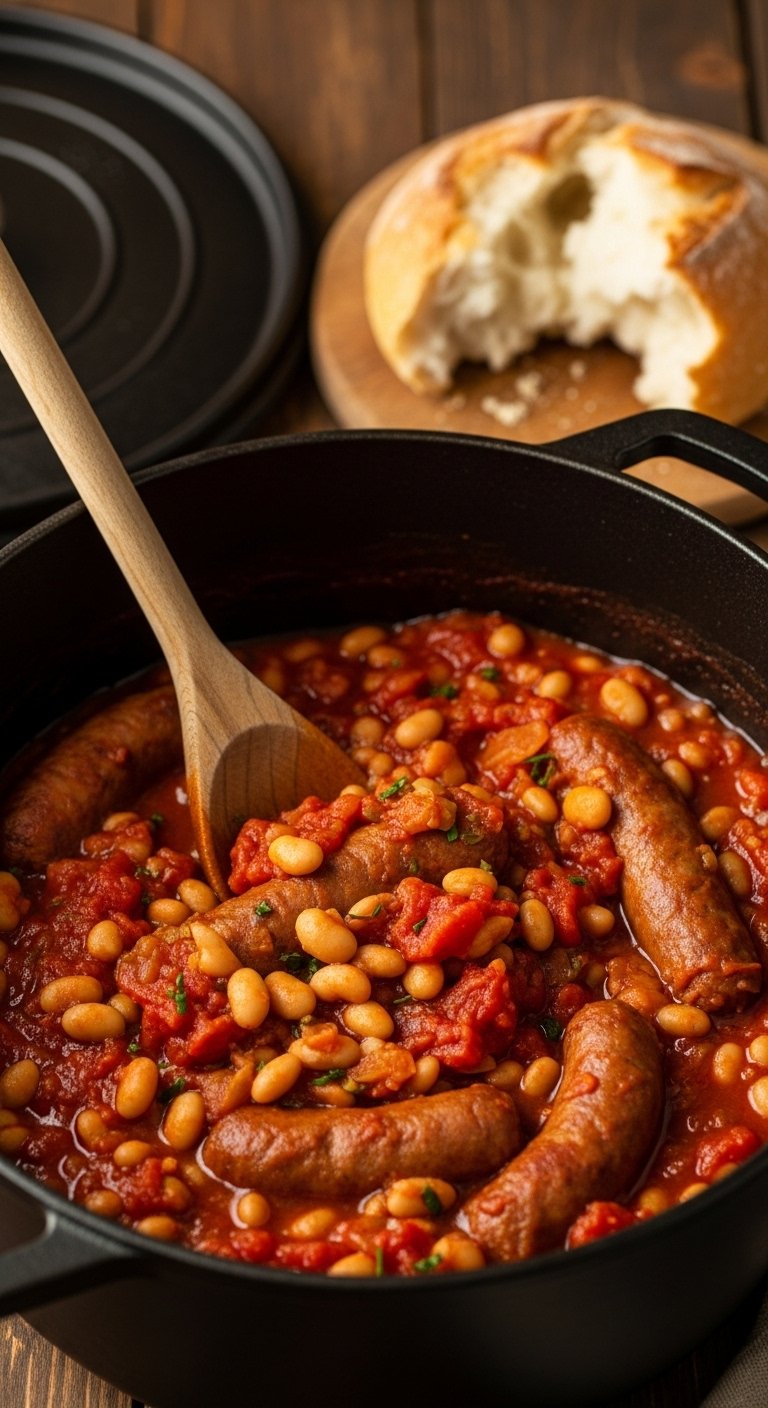 spicy sausage bean stew one pot dutch oven rustic hearty bread dipping